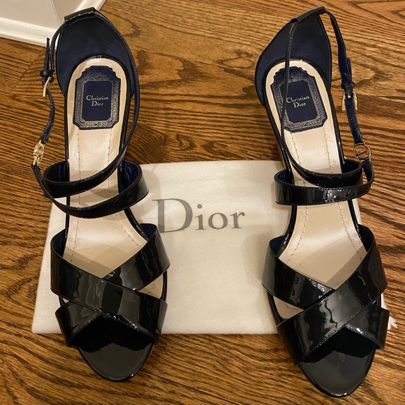 Christian Dior Navy Patent Wedge Sandals - Picture 1 of 7